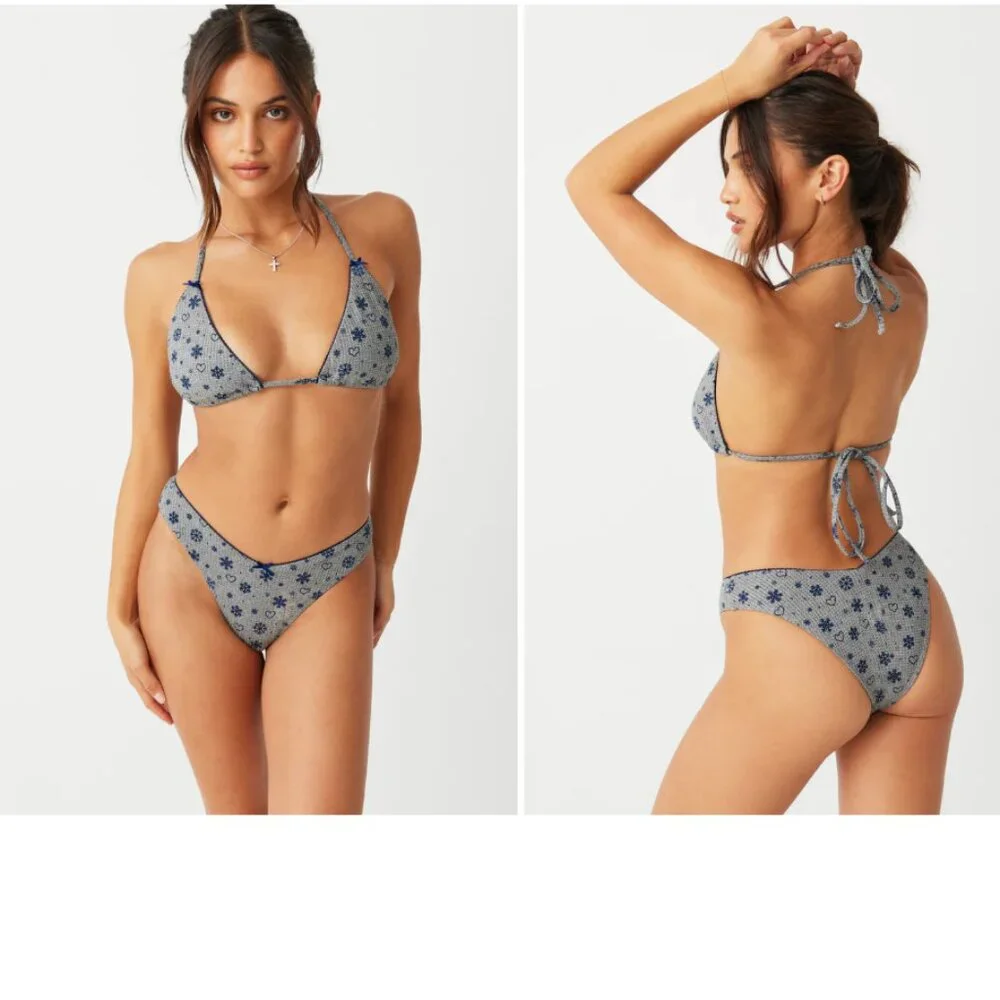FRANKIES BIKINIS Tia Waffle Thermal Triangle Bikini Top L Gray Apres Ski NEW